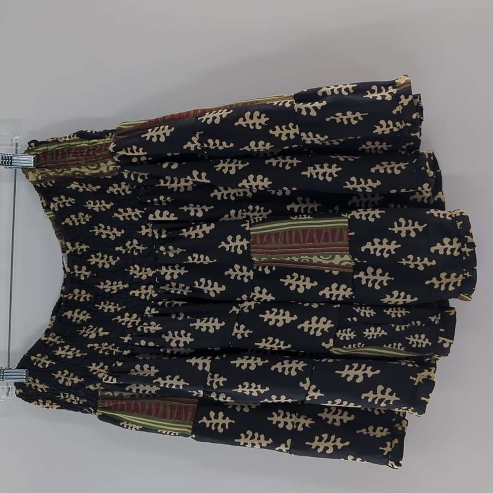 Boho Smocked Tiered Mini Skirt XL Ethnic Patchwork Print festival Brown Casual